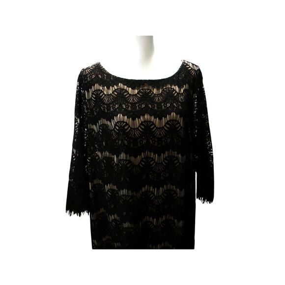 Jessica Howard Black Lace Overlay Sheath Dress Nude Lining 3/4 Sleeve 18W Event - Picture 1 of 7